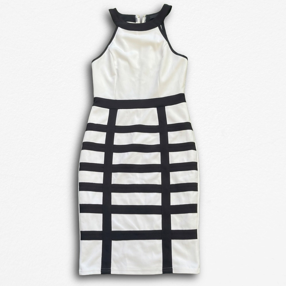Entry Womens Black White Colorblock Halter Neck Sheath Midi Dress Small
